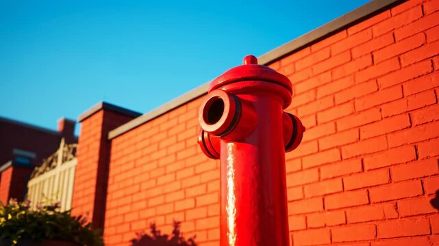 Vibrant Red Fire Hydrant Against a Brick Wall on a Sunny Day.