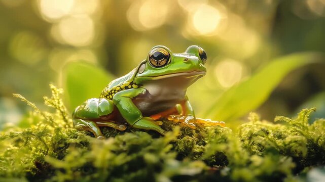 Close up of a green frog perched on moss and jumps.