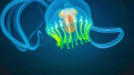 A stunning bioluminescent jellyfish with vibrant neon tentacles gracefully floats and pulses in the deep dark ocean - Powered by Adobe