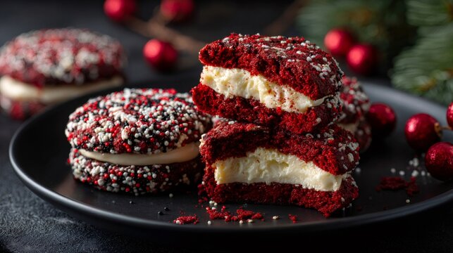 Red velvet whoopie pies with sprinkles for christmas