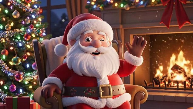 A cheerful animated Santa Claus sitting by a fireplace with a decorated Christmas tree.