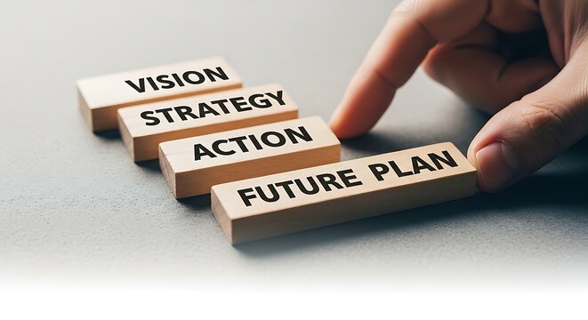 Professional Hand Moving The Future Plan Wooden Block Into A Stepped Row Of Vision Strategy And Action Blocks Representing Successful Business Development And Corporate Goal Achievement