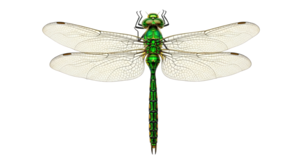 Isolated dragonfly full shot with symmetrical wings and green body in full view