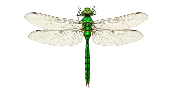 Isolated dragonfly full shot with symmetrical wings and green body in full view