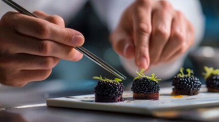 Culinary artistry in motion: delicate hands meticulously garnish elegant black caviar appetizers with fresh green herbs on pristine white plate