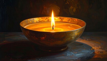 Golden bowl filled with liquid, lit by a candle flame, casts warm light in dark surroundings