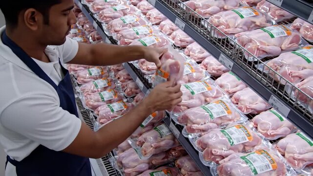 Supermarket worker wearing an apron is carefully stocking raw chickens, individually packed in plastic, onto a refrigerated retail display shelf in a grocery store's meat section
