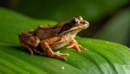 Obraz premium Brown frog rests on a large, green leaf, showcasing its textured skin and big, reflective eyes in a tropical setting