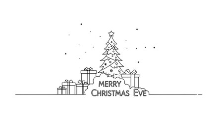Minimalist line art Christmas tree with gifts and snowflakes merry Christmas eve