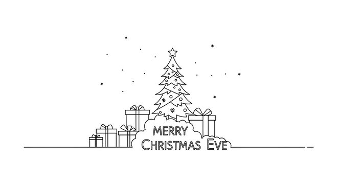 Minimalist line art Christmas tree with gifts and snowflakes merry Christmas eve