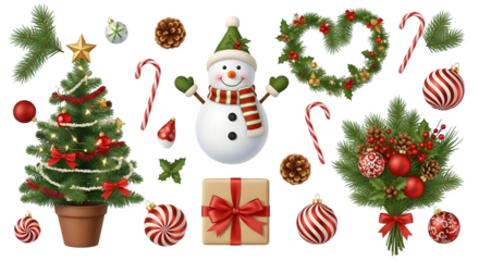 Collection of festive christmas decorations including a snowman tree wreath and gifts isolated on transparent background