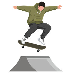 Skateboarder Launching Off a Ramp in a Hoodie,  Action Shot of Skateboarder Performing an Air Trick