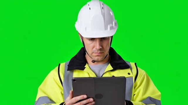 Construction Worker Checking Plans on Green Screen
