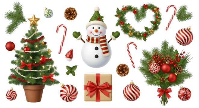 Collection of festive christmas decorations including a snowman tree wreath and gifts isolated on transparent background - Powered by Adobe