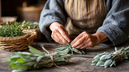 Senior hands bundling fresh sage herbs