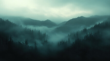 Serene foggy landscape with mist drifting over a forest valley beneath heavy clouds.