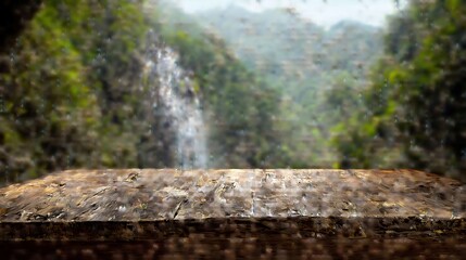 The wooden table behind is a waterfall and forest.