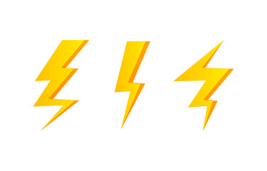 Lightning icon set PNG. Yellow lightning bolt icons with various flash shapes on a transparent background.