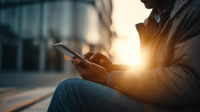 Man using smartphone while sitting outdoors with warm glow of the setting sun in the background.