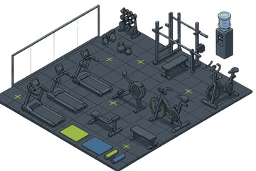 Isometric layout of a contemporary fitness studio featuring treadmills, bikes, and weight racks