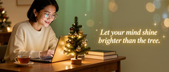 Naklejka premium Smiling Asian woman working on a laptop at home during the Christmas holidays. Young student studying online with a festive decorated tree on the desk. Inspirational banner with copy space