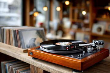 Turntable playing vinyl record in a record store