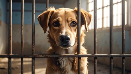 Dog stares forlornly through metal bars of enclosure, bathed in soft light