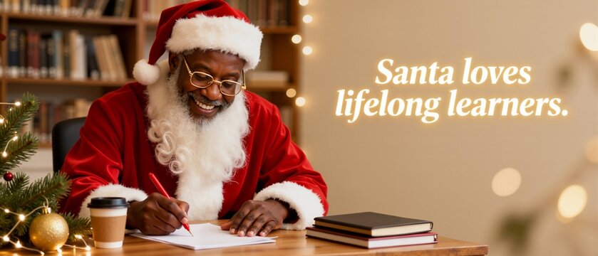 Smiling senior Black man as Santa Claus writing at a desk in a library. Diverse Christmas concept with a focus on lifelong learning. Festive holiday banner with copy space