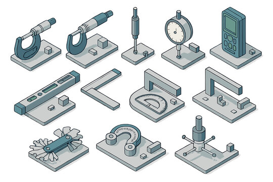 Precision measuring instruments set in isometric view including micrometers, gauges, and technical tools