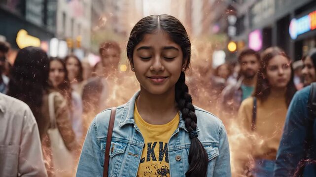 Young girl stands confidently in a busy downtown street, blue energy aura glowing around her and nearby people, symbolizing power, individuality and futuristic potential