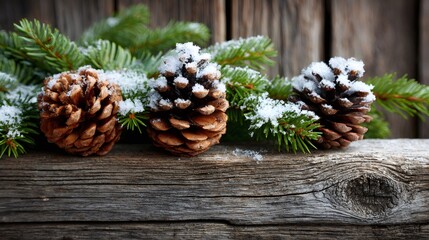 Pinecones and fir branches covered in snow on rustic wood