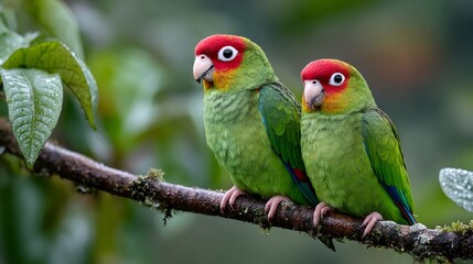 Red masked parakeets perching on wet branch in rainforest