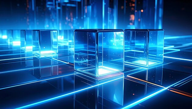 Clear, geometric boxes rest on a gridded surface with radiant blue light and glowing orange accents in the background