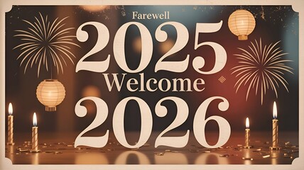 Farewell 2025 welcome 2026 graphic with fireworks lanterns and candles on a blurred background