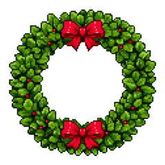 Isolate transparent with Pixel Art Christmas Wreath with Red Ribbon , Christmas Wreath Pixel Art with Holly Berries ,Festive Pixel Art Christmas Wreath for Holiday Decoration with PNG die-cut for ad
