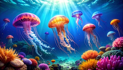 Vibrant, colorful jellyfish drift in clear blue ocean water with coral reefs below, illuminated by sunlight
