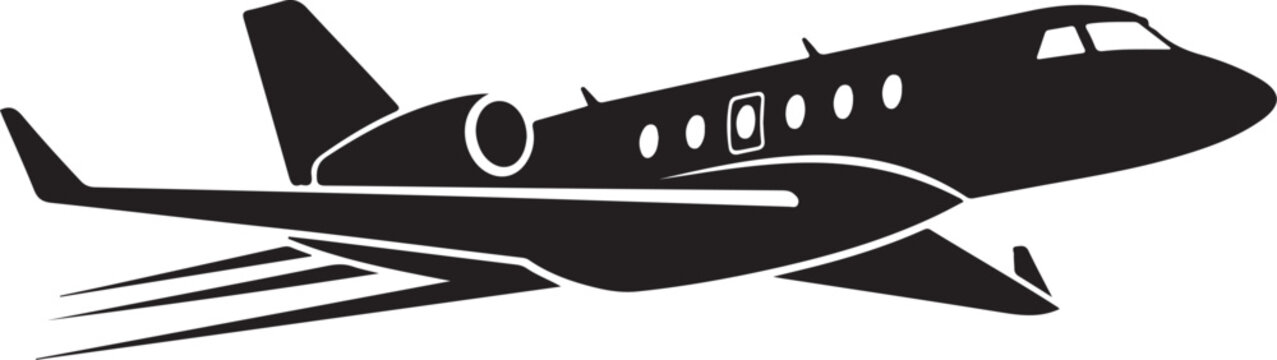 Black Silhouette of a Private Jet in Mid-Flight Vector Illustration