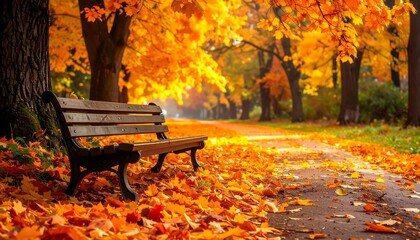 Serene park view with wooden bench amidst vibrant, fallen autumn leaves, bathed in warm, glowing sunlight