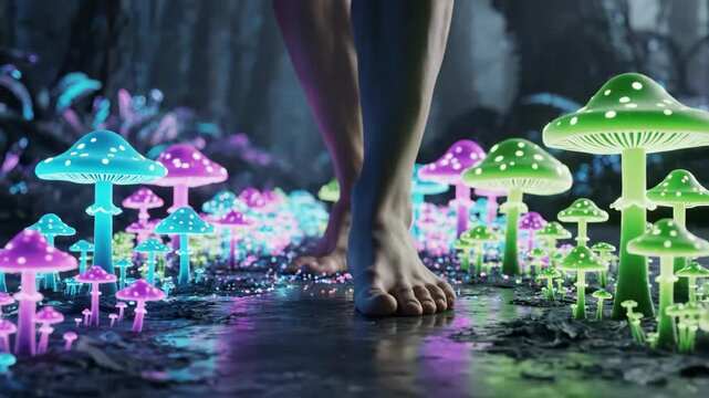 Bioluminescent mushrooms glowing with vibrant purple and blue light, releasing tiny ethereal particles on a dark, wet forest floor, creating a magical fantasy scene