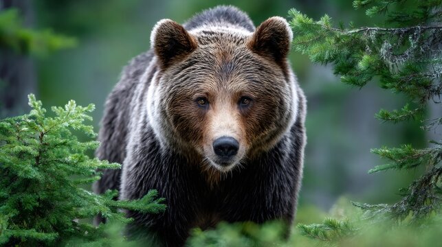 Brown bear portrait standing among green forest trees