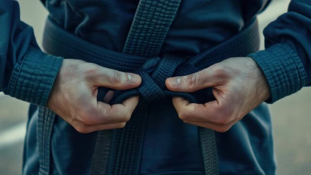 A martial artist tying his belt in a dojo
