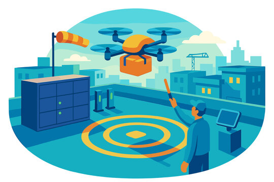 Logistics worker operating a delivery drone landing a package on a city rooftop platform