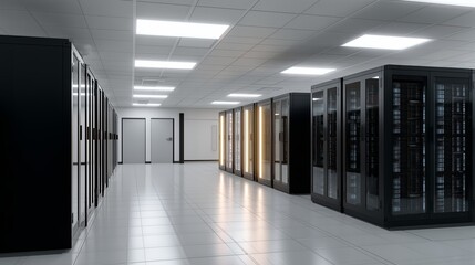 Modern data center featuring rows of server racks in a climate-controlled room