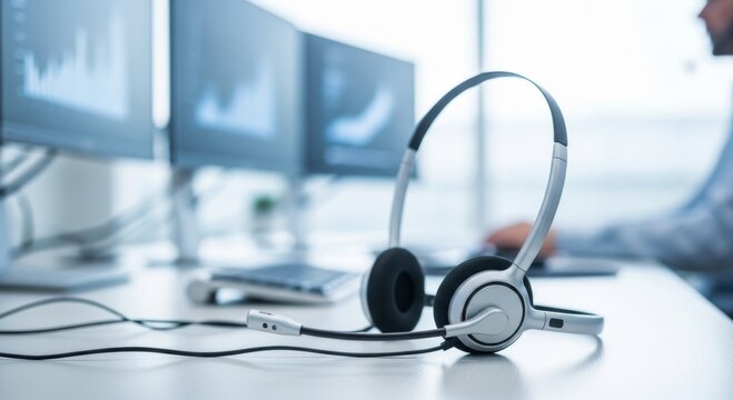 Office headset and computer monitors in modern workspace setting
