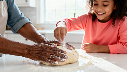 Grandmother and granddaughter baking together in a bright kitchen. Close-up of hands preparing dough with flour. A happy child learning family traditions