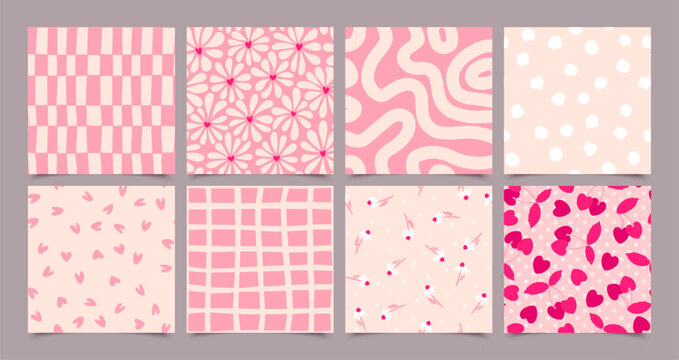 Cute pink hand drawn heart seamless pattern set. Vector love hearts, flowers, cherry texture on soft pink background. Valentines day wallpaper, abstract minimal design collection for fabric, decor.
