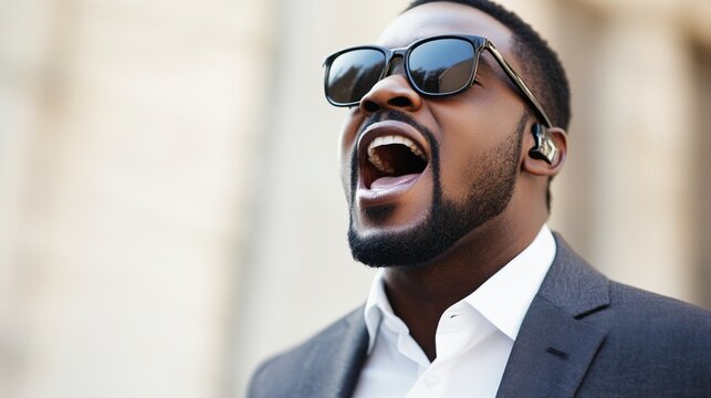Confident professional in sunglasses and suit expressing joy with an enthusiastic open-mouthed laugh against a blurred urban background