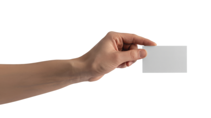 Hand holding blank white card isolated on a transparent background
