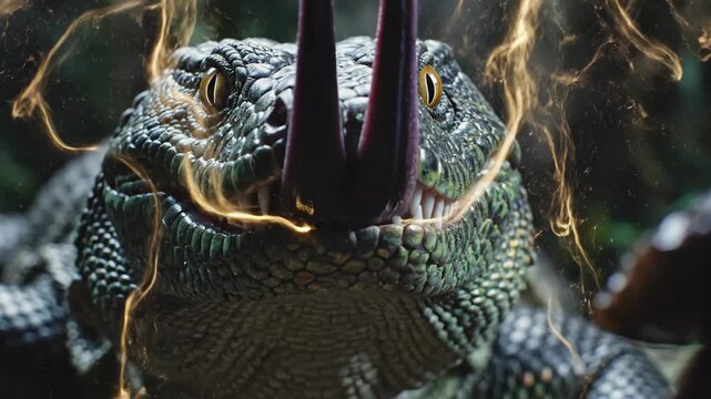 Menacing fantasy reptile close-up revealing intricate green scales, sharp fangs, and a protruding tongue, portraying a fearsome basilisk-like creature from an imaginary world