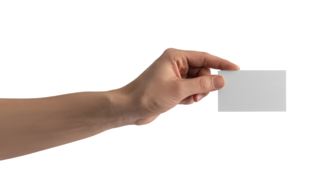 Hand holding blank white card isolated on a transparent background